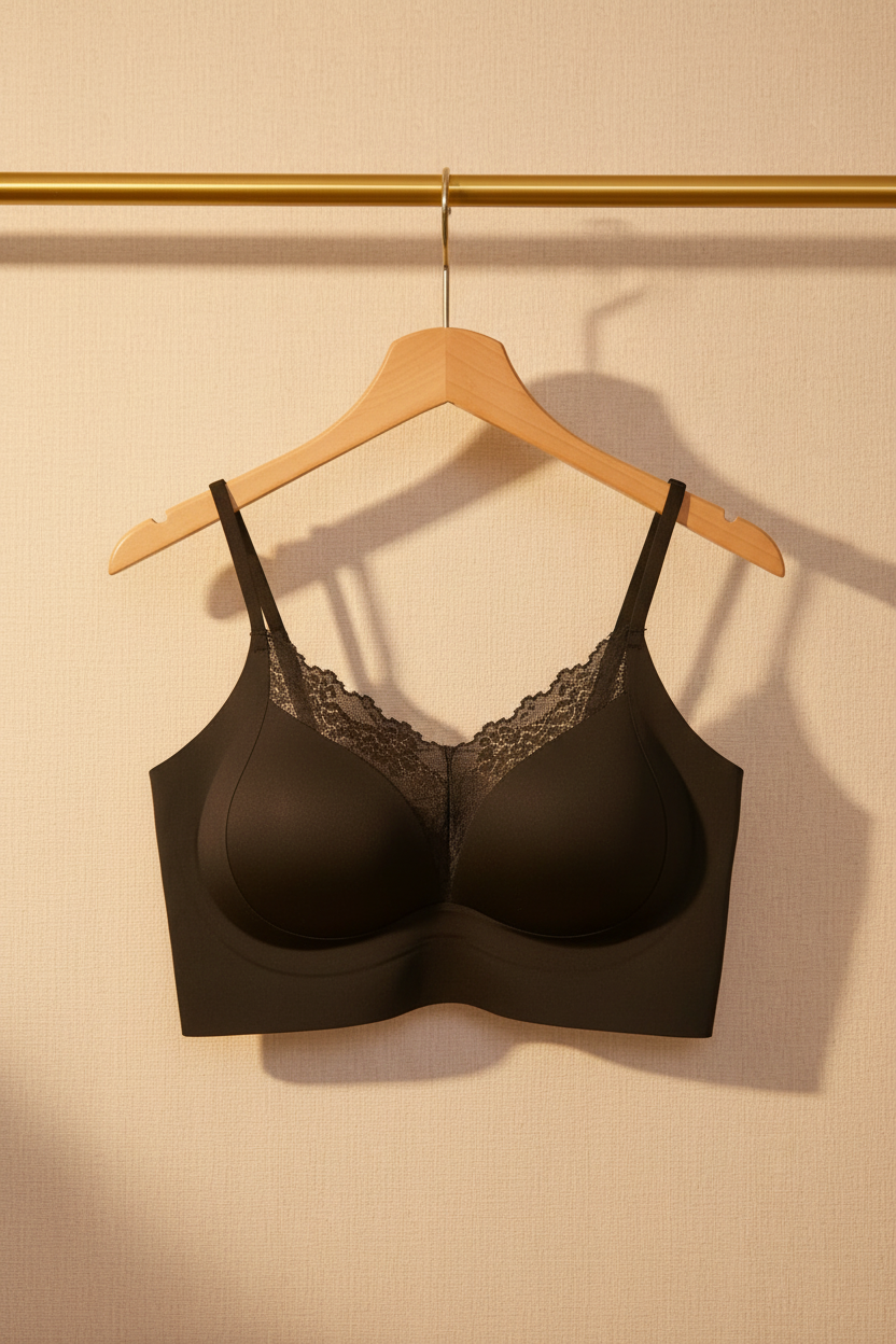 Bralette negro en percha pared beige