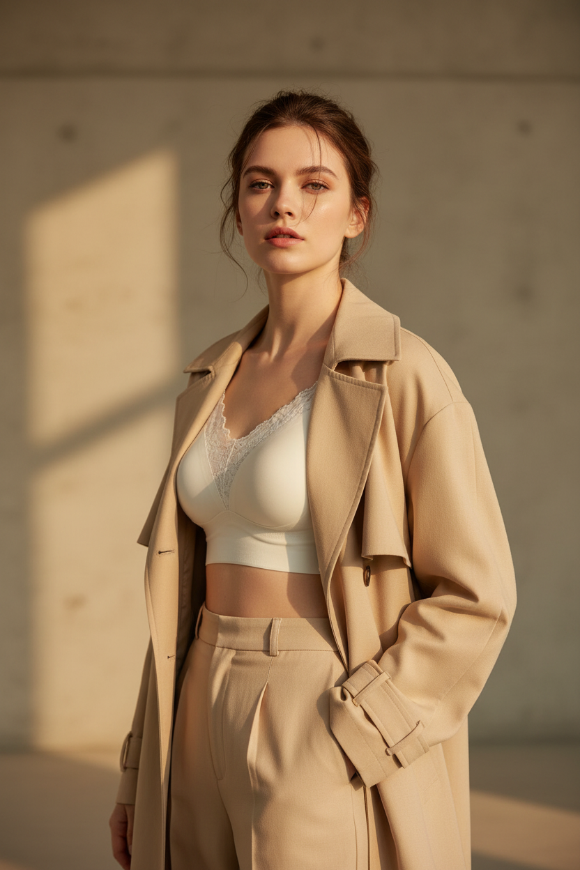 Modelo bralette crema con trench coat beige