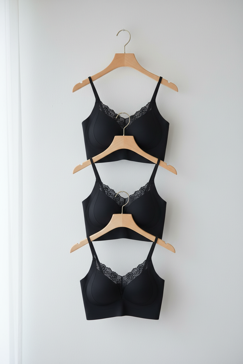 Tres bralettes negros en colgadores - formato vertical