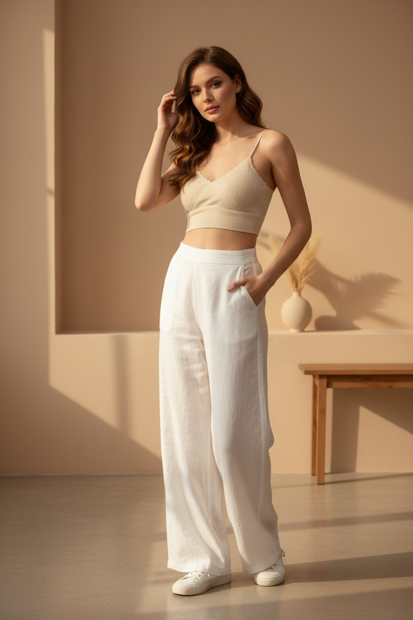 Bralette beige con modelo - pantalón blanco
