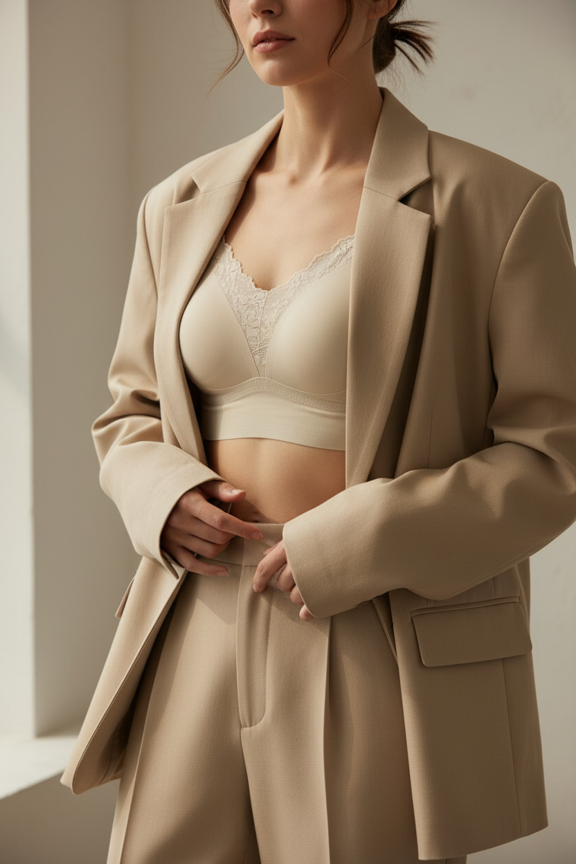 Bralette beige con blazer oversized beige