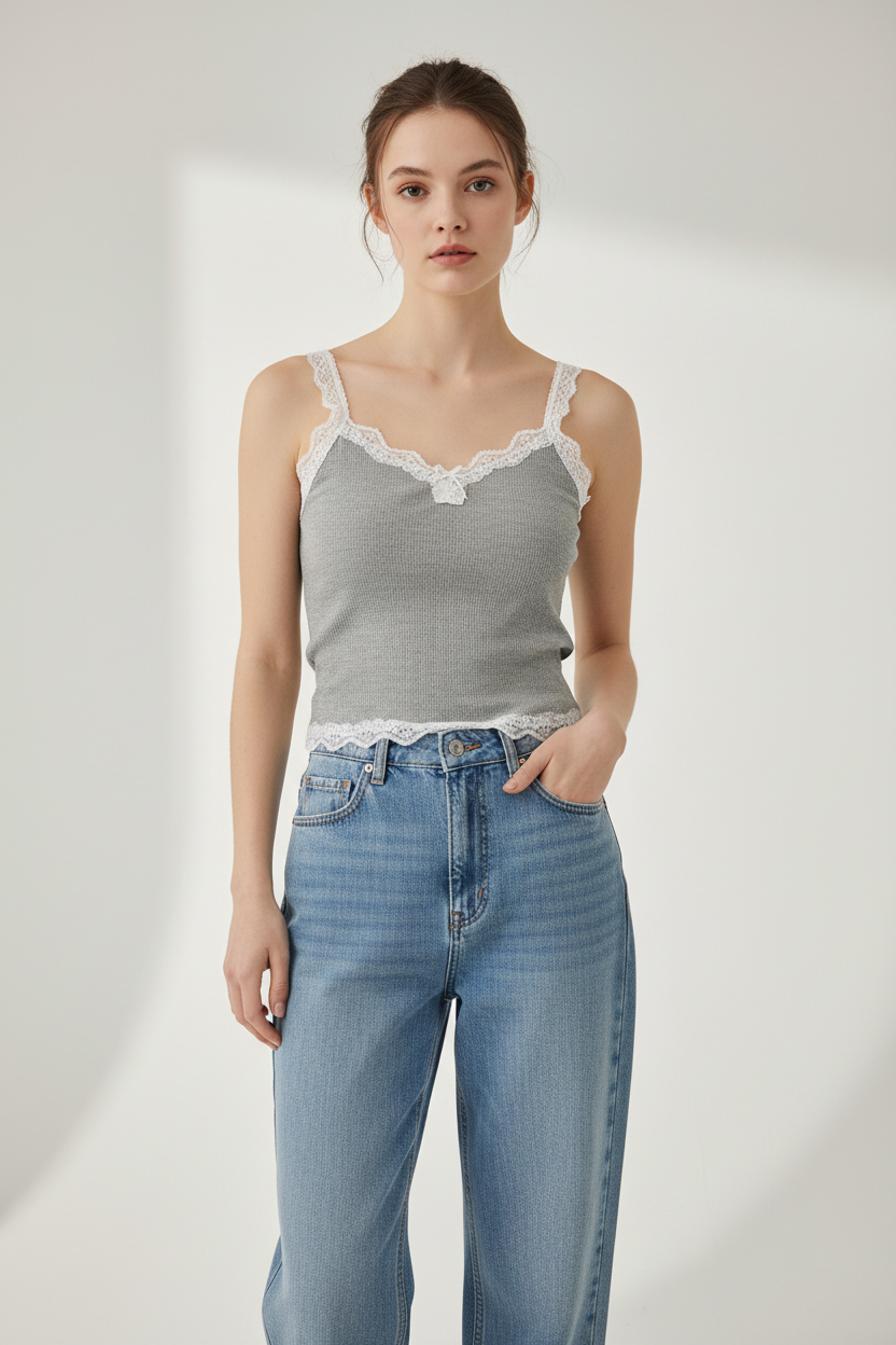Camisola con jeans celestes tiro alto