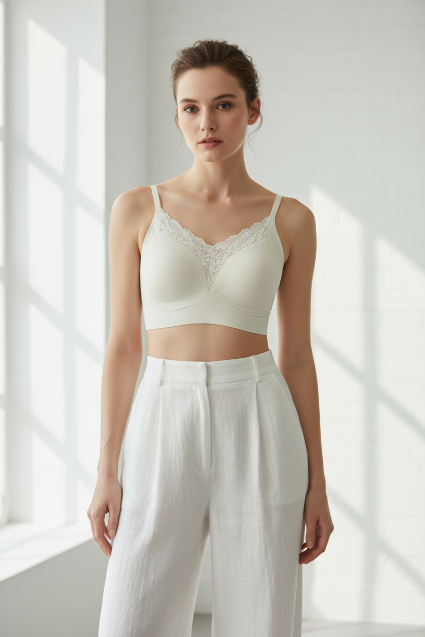 Modelo bralette crema con pantalón lino blanco